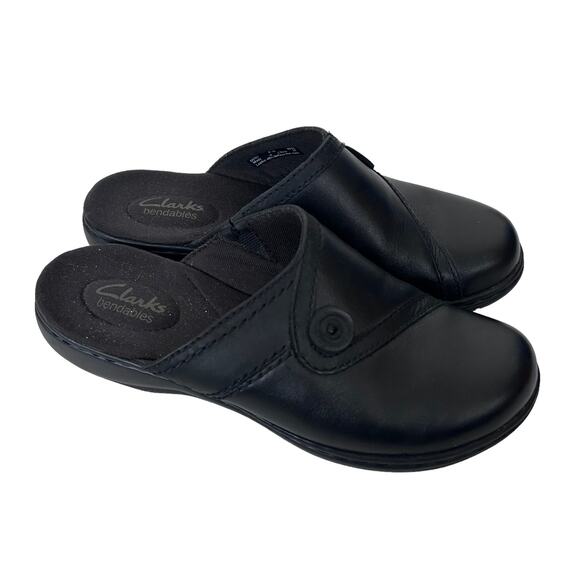 Clarks Bendables Black Leather Slip On Clogs Sz 6.5 - Picture 7 of 7